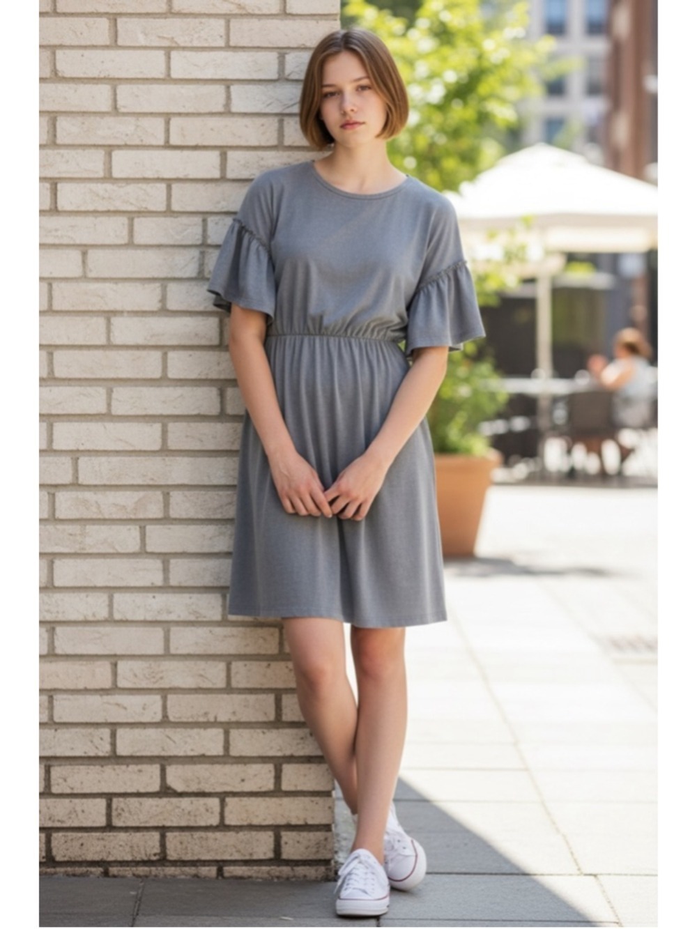 Mm Mm Mm Gray Babydoll Dress Small Ruffle Sleeve Minimalist Preppy Academia
